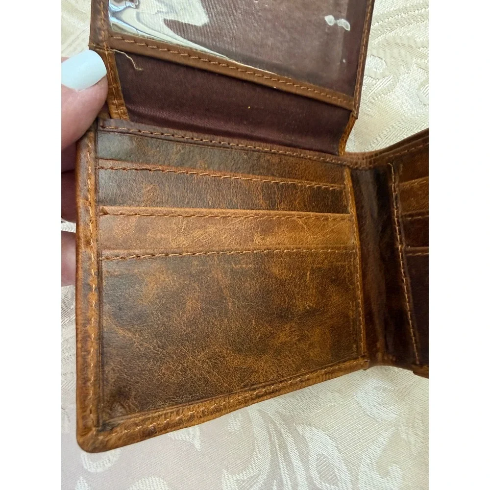 Western Cowhide Hair On Hide Bifold Wallet Distressed Brown Leather Mens